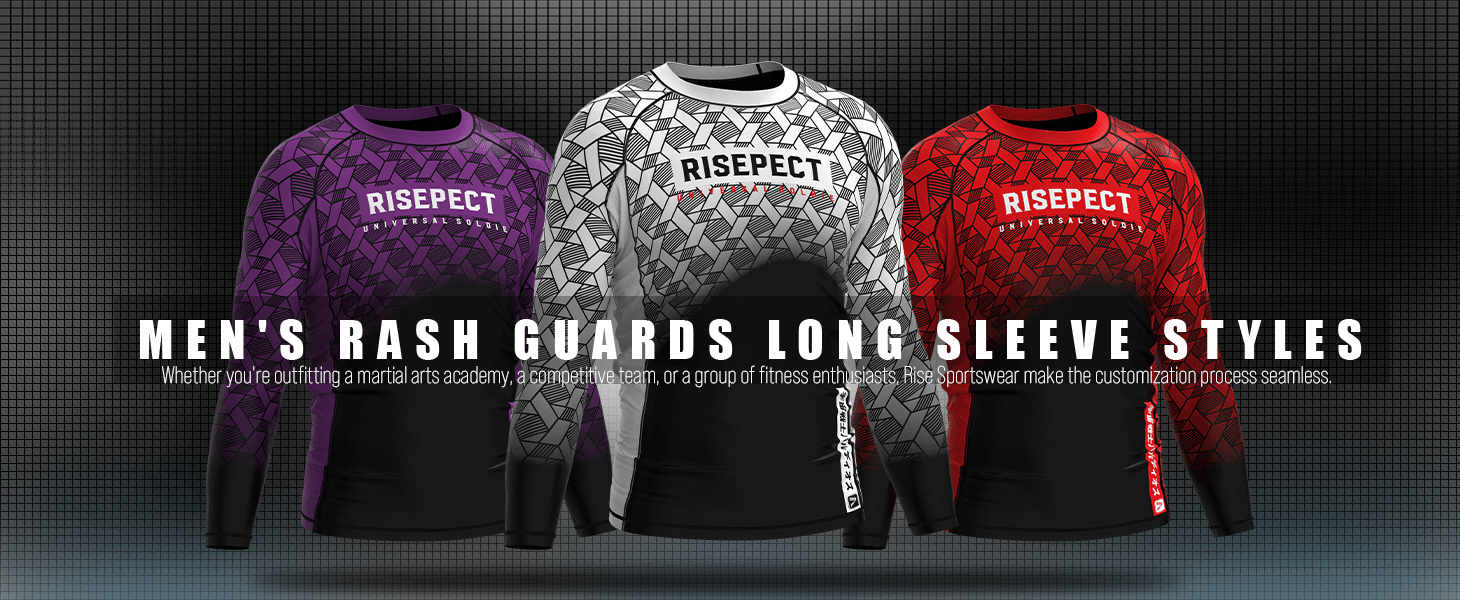 Men's Rash Guards long sleeve styles: Whether you're outfitting a martial arts academy, a competitive team, or a group of fitness enthusiasts, Rise Sportswear make the customization process seamless.