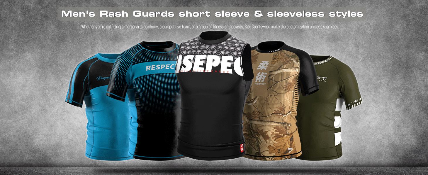 Men's Rash Guards short sleeve & sleeveless styles: Whether you're outfitting a martial arts academy, a competitive team, or a group of fitness enthusiasts, Rise Sportswear make the customization process seamless.