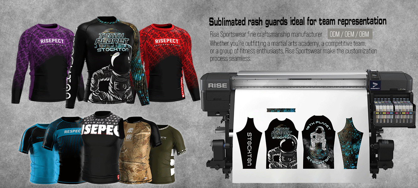 Sublimated rash guards ideal for team representation, Rise Sportswear fine craftsmanship manufacturer - ODM / OEM / OBM