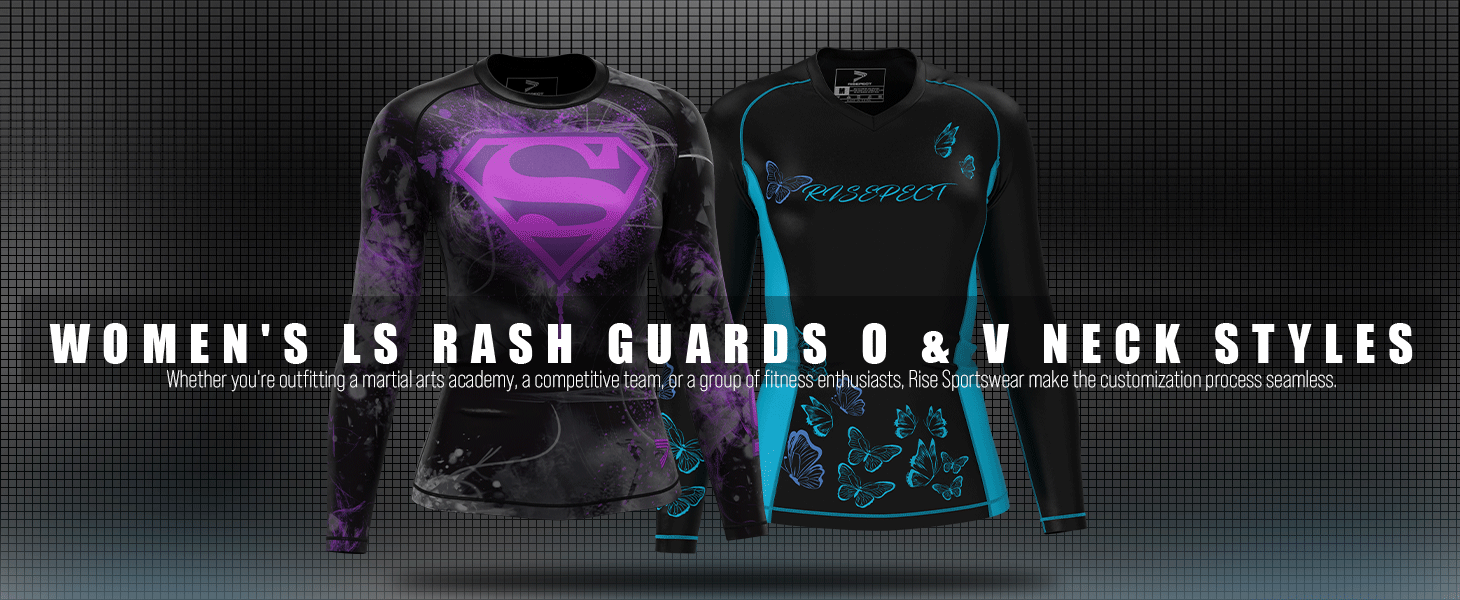 Women's LS Rash Guards O & V neck styles: Whether you're outfitting a martial arts academy, a competitive team, or a group of fitness enthusiasts, Rise Sportswear make the customization process seamless.