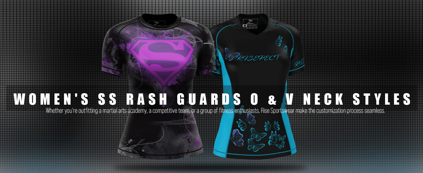 Women's SS Rash Guards O & V neck styles: Whether you're outfitting a martial arts academy, a competitive team, or a group of fitness enthusiasts, Rise Sportswear make the customization process seamless.