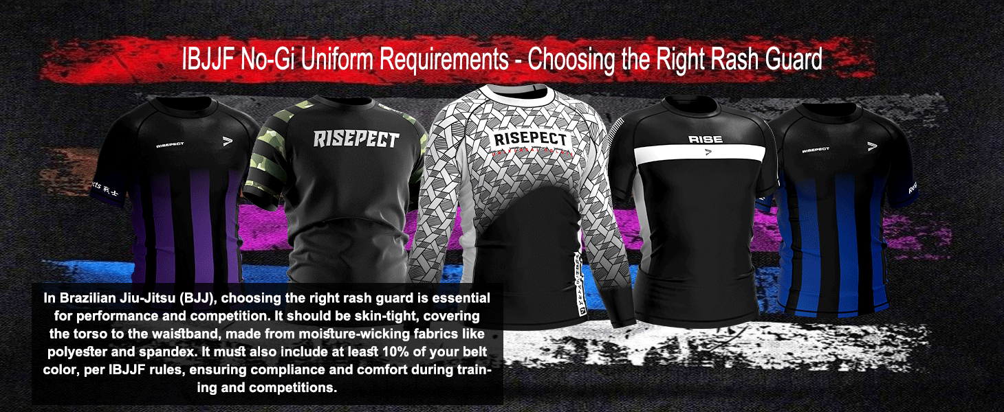 IBJJF No-Gi Uniform Requirements - Choosing the Right Rash Guard: In Brazilian Jiu-Jitsu (BJJ), choosing the right rash guard is essential for performance and competition. It should be skin-tight, covering the torso to the waistband, made from moisture-wicking fabrics like polyester and spandex. It must also include at least 10% of your belt color, per IBJJF rules, ensuring compliance and comfort during training and competitions.