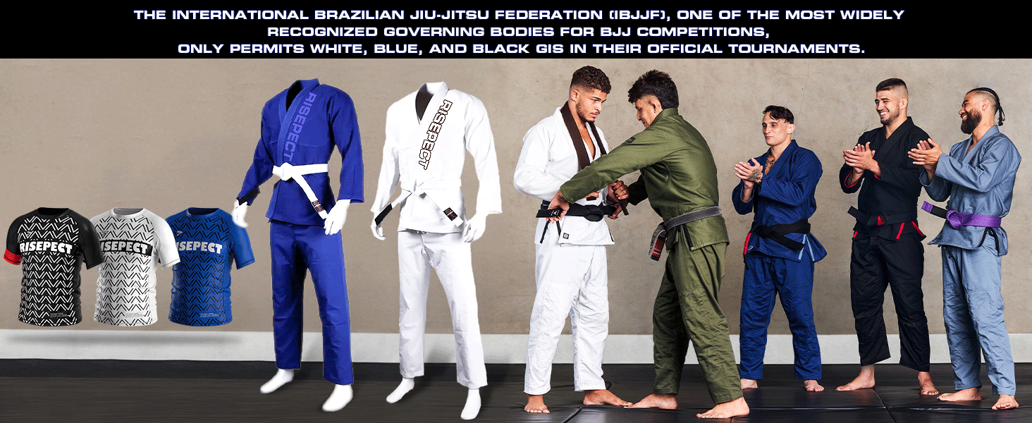 The International Brazilian Jiu-jitsu Federation (IBJJF), one of the most widely recognized governing bodies for BJJ competitions, only permits white, blue, and black GIS (white, blue, and black short sleeve rash guards) in their official tournaments. 