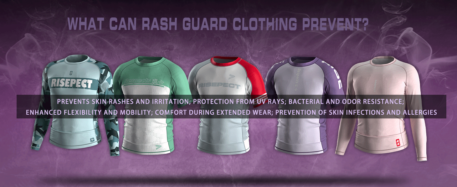 Rash Guard Clothing Key Features - Prevents Skin Rashes and Irritation; Protection from UV Rays; Bacterial and Odor Resistance; Enhanced Flexibility and Mobility; Comfort During Extended Wear; Prevention of Skin Infections and Allergies, Sublimated short-sleeved & long-sleeved rashguards styles