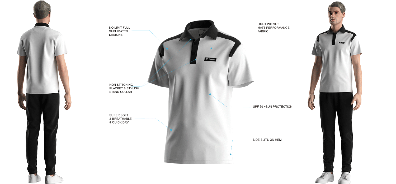 Visualization features of White Golf Polo Shirts Black Collar And Shoulders Rise Golf Wholesale