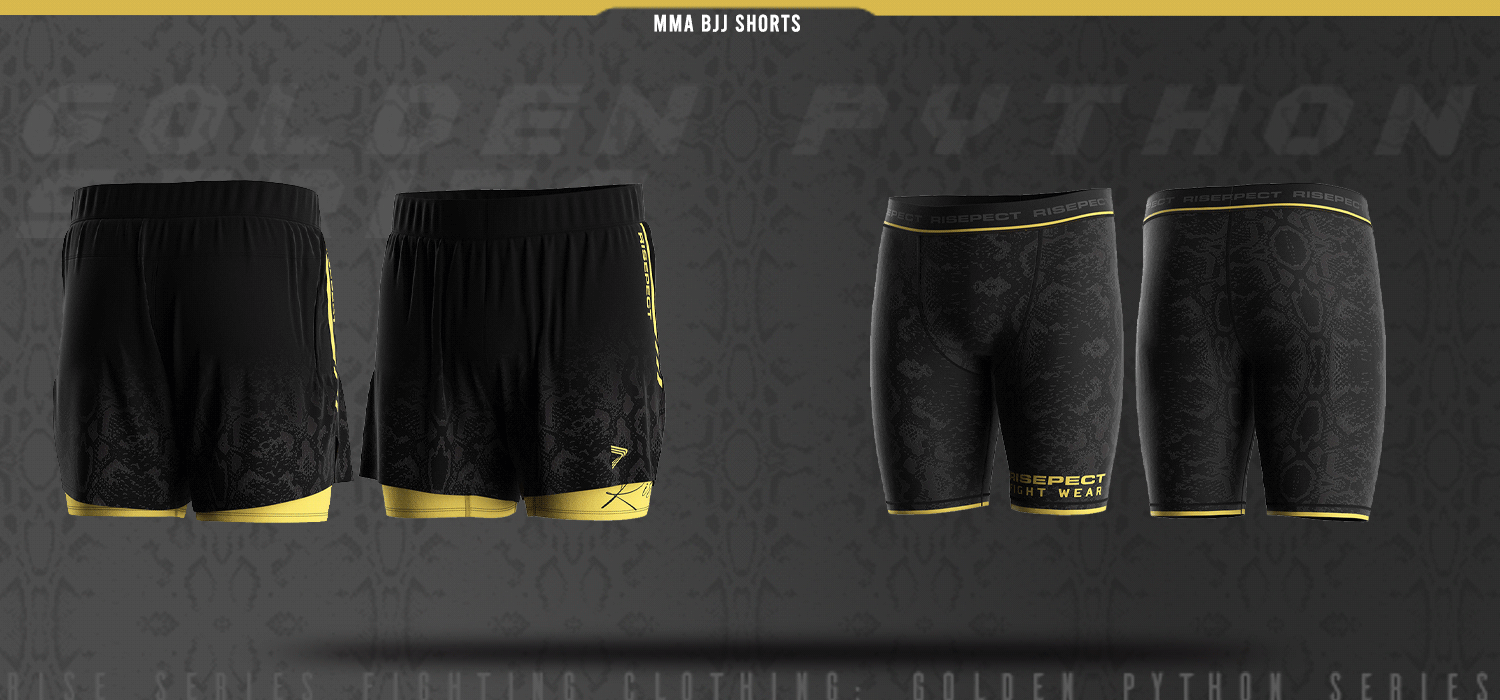Gold python BJJ MMA double shorts and Vale Tudo shorts front and back view