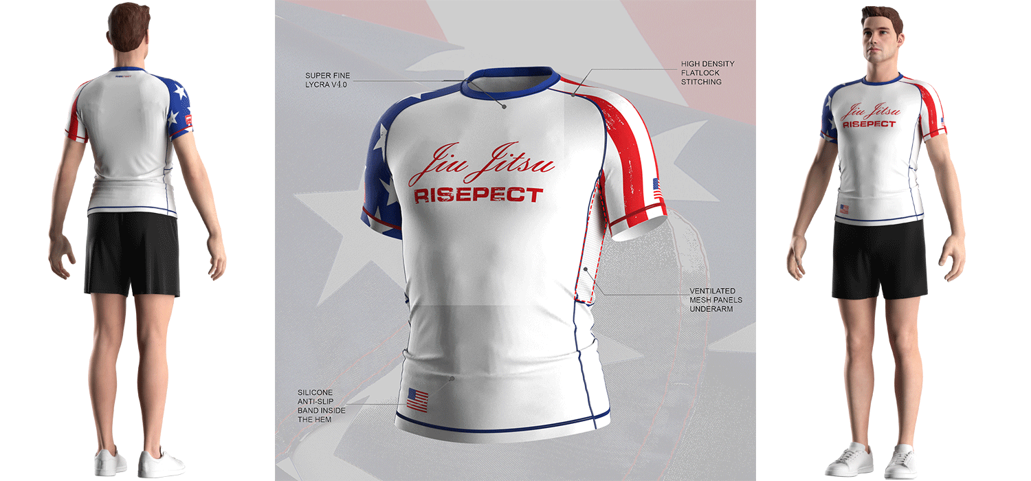 Male model wearing short sleeve rash guard front and back. Visualization features: super fine Lycra v4.0; high density flat lock stitching; silicone anti slip band inside the hem; ventilated mesh panels underarm.