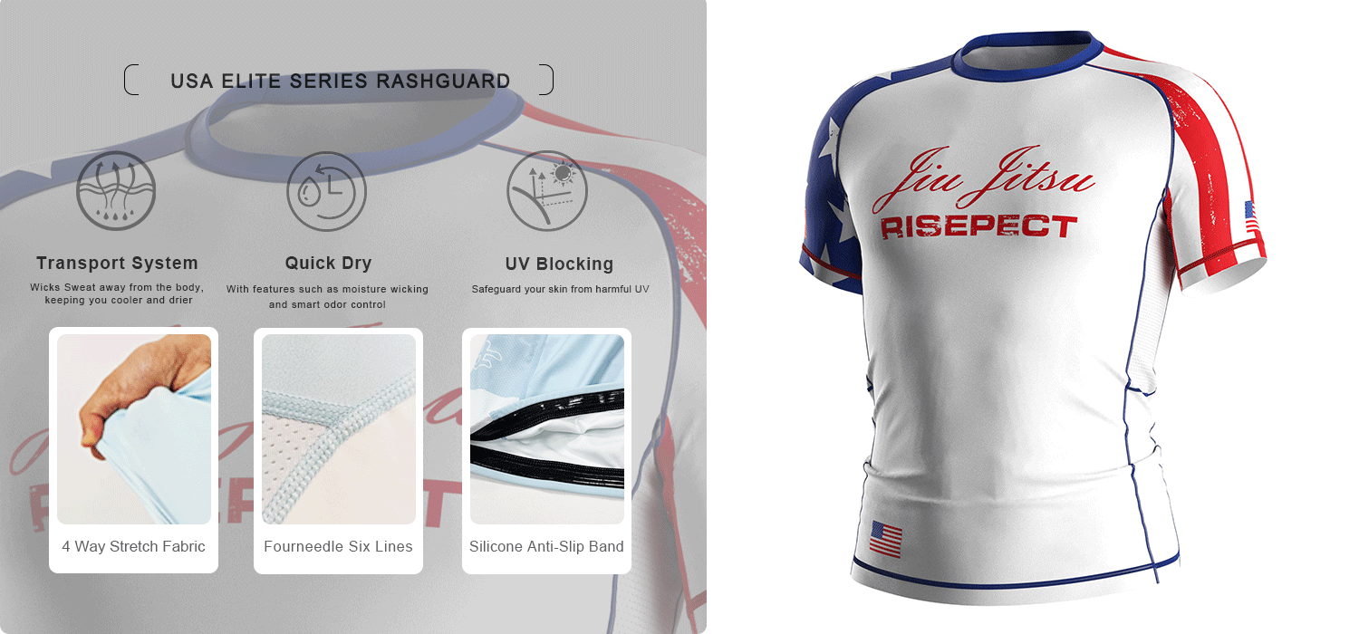 USA elite series rash guard: Three comfortable features: 1. Transport system: Wicks sweat away from the body, keeping you cooler and drier; 2. Quick dry: With features such as moisture wicking and smart odor control; 3. UV blocking: Safeguard your skin from harmful UV. Three important details: 4 way stretch fabric, four needle six lines, silicone anti-slip band.