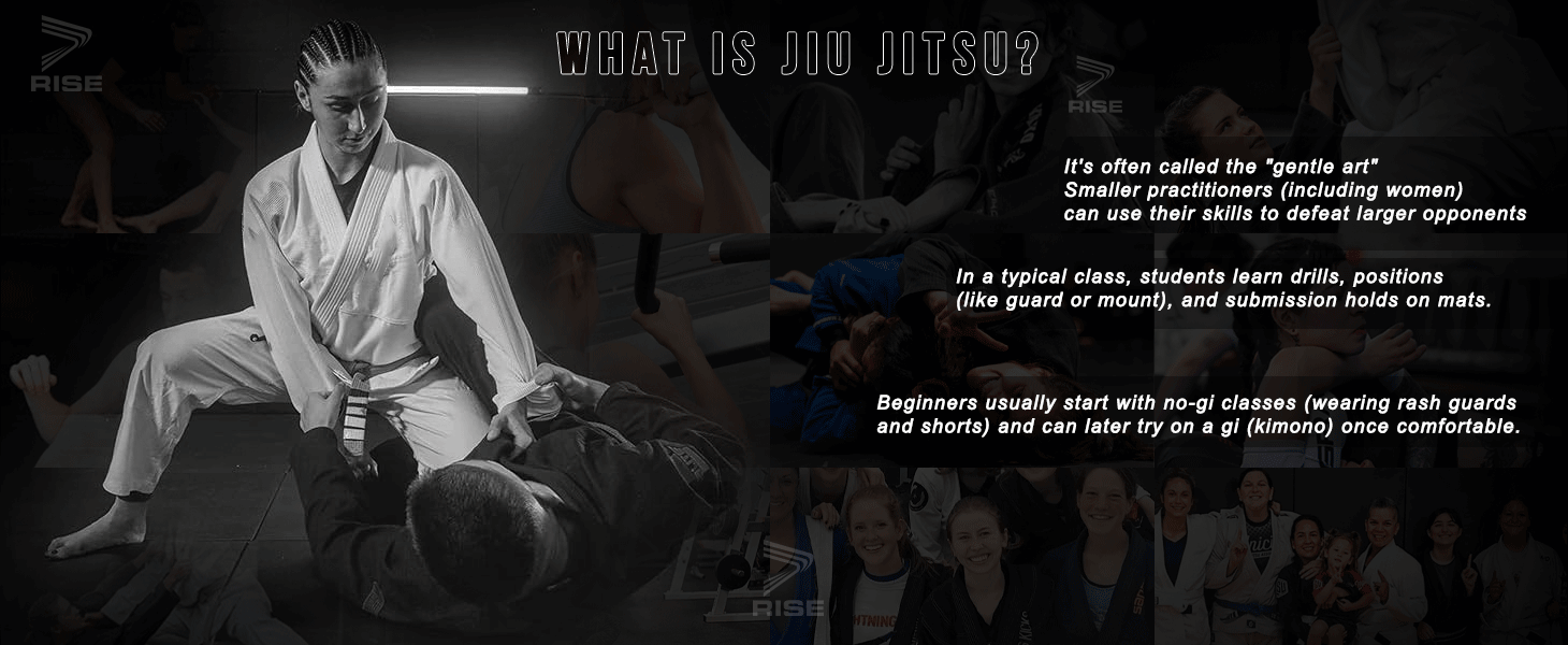 It's often called the 'gentle art': Smaller practitioners (including women) can use their skills to defeat larger opponents; In a typical class, students learn drills, positions (like guard or mount), and submission holds on mats; Beginners usually start with no-gi classes (wearing rash guards and shorts) and can later try on a gi (kimono) once comfortable.