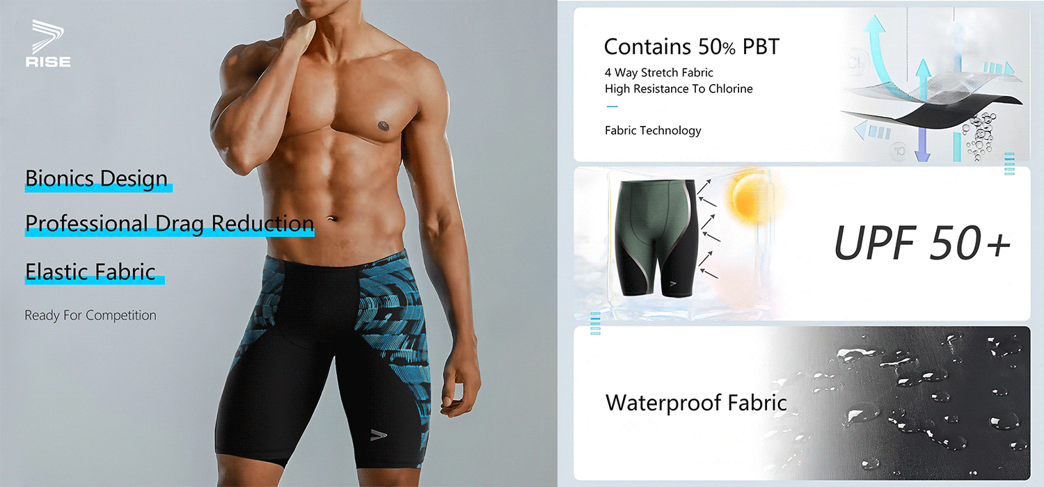 Bionics Design, Professional Drag Reduction, Elastic Fabric - Ready For Competition. Contains 50% PBT: 4 Way Stretch Fabric, High Resistance To Chlorine - Fabric Technology. UPF 50+. Waterproof Fabric.