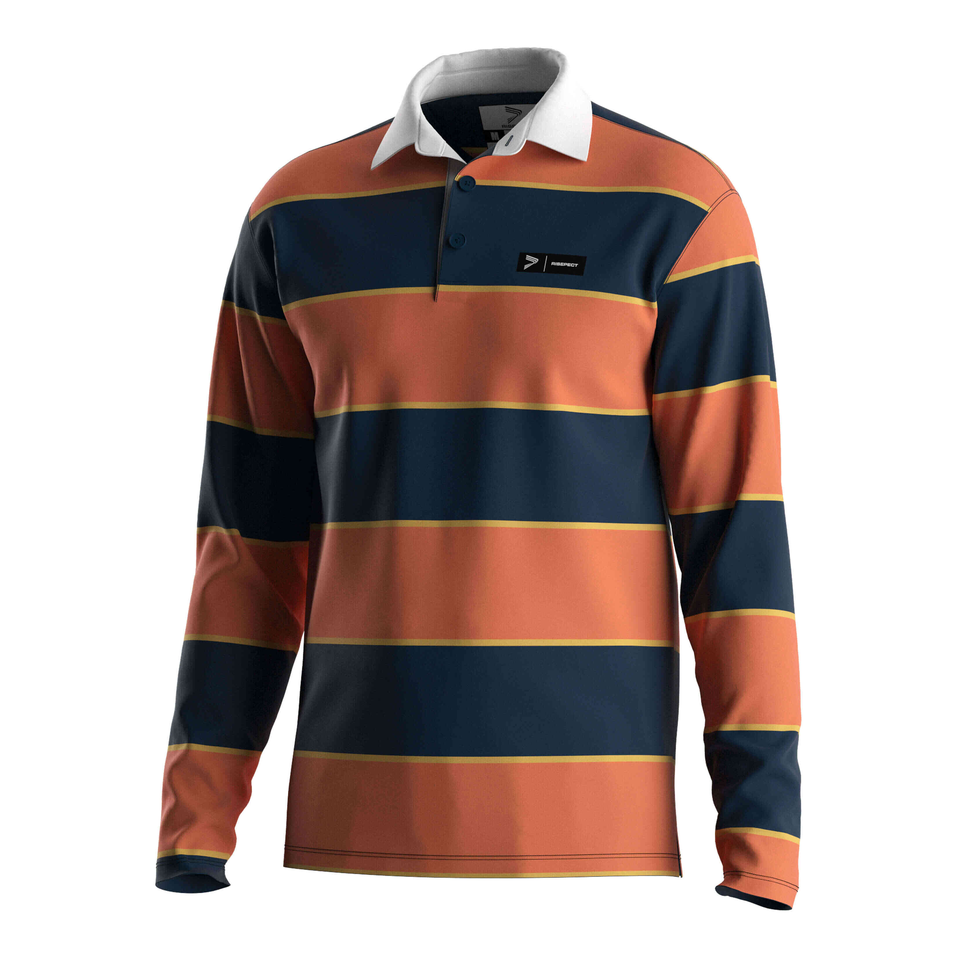 
                Golf 3 Button Long Sleeve Polo White Collar Shirts Orange Striped Tees