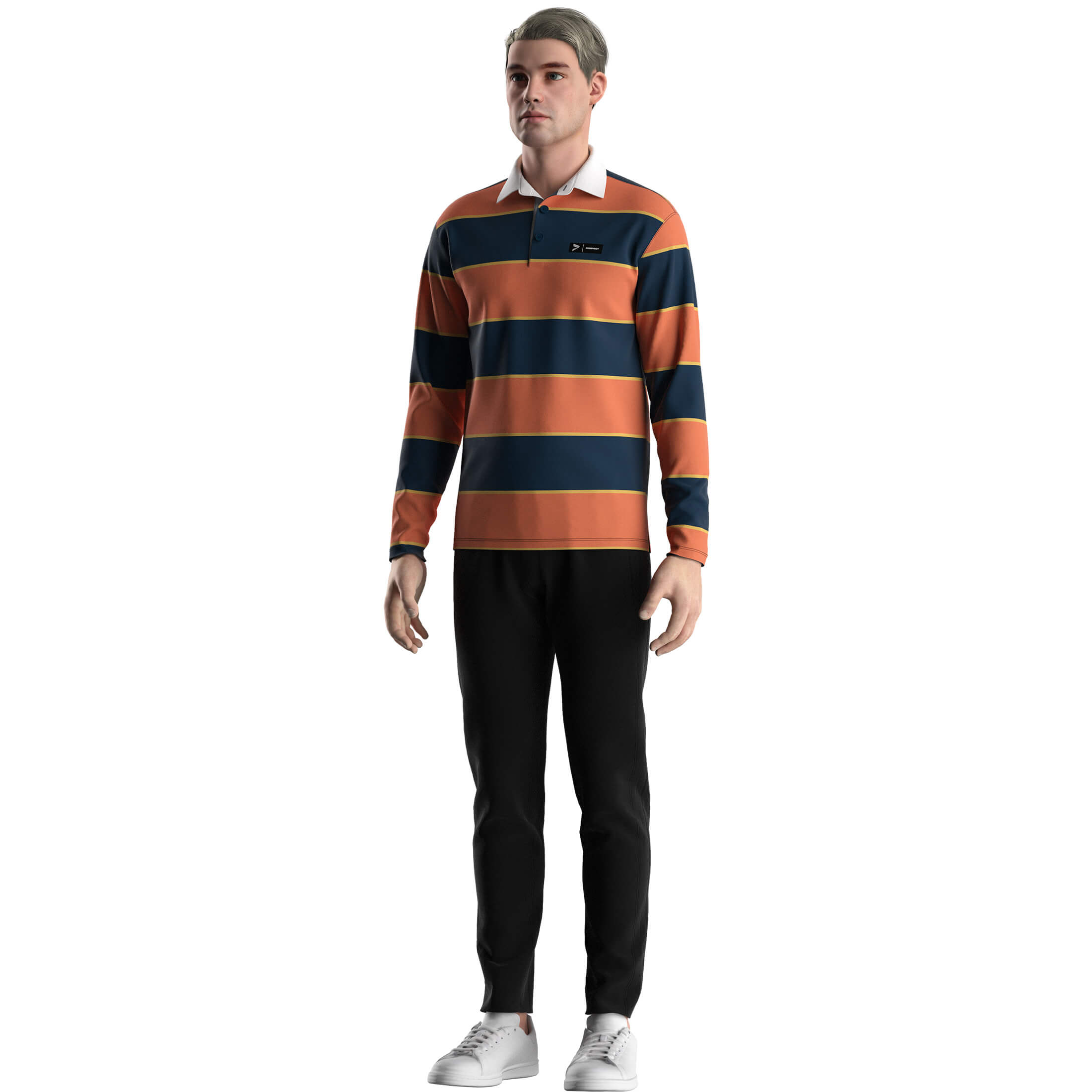 
                Golf 3 Button Long Sleeve Polo White Collar Shirts Orange Striped Tees
