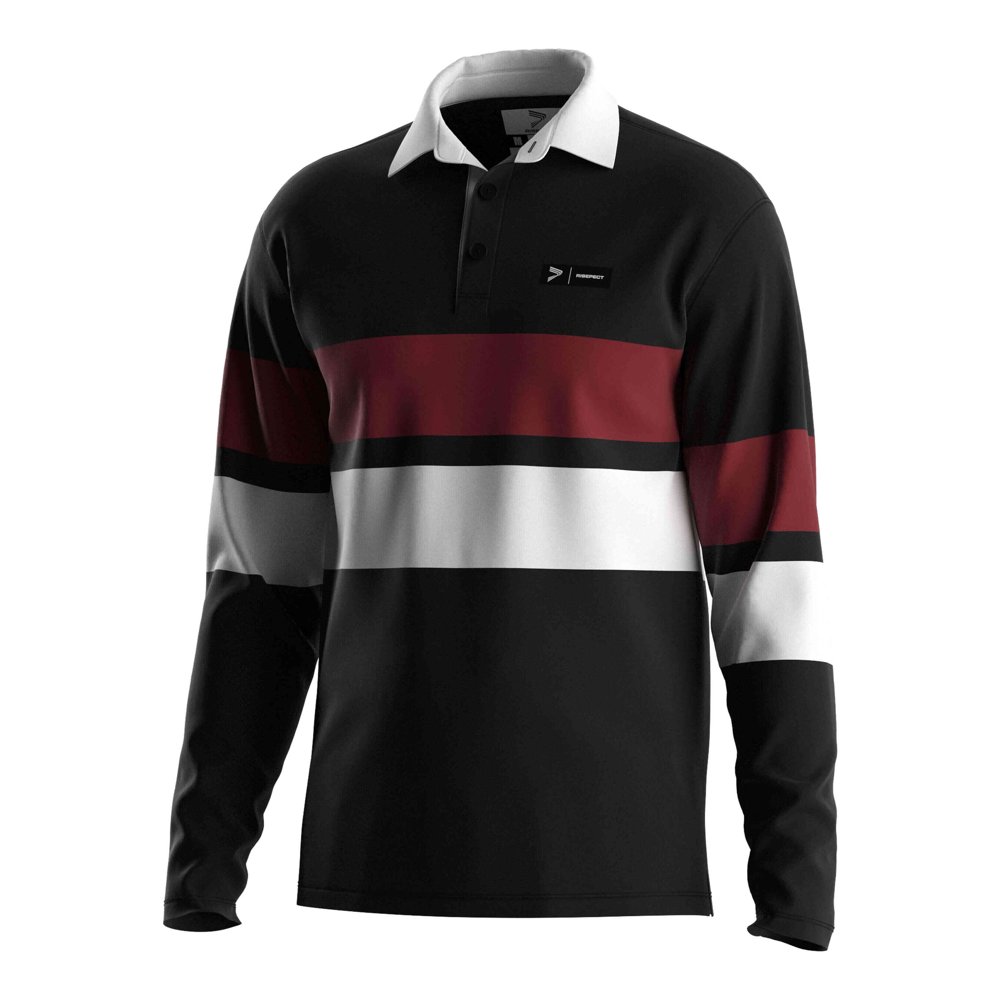 
                Golf Black Polo Button Up White Collar Long Sleeve Retro Striped T