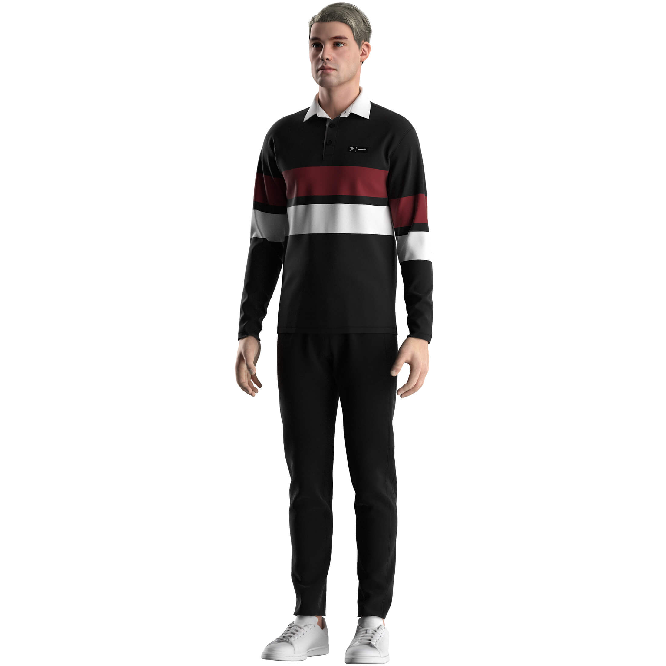 
                Golf Black Polo Button Up White Collar Long Sleeve Retro Striped T