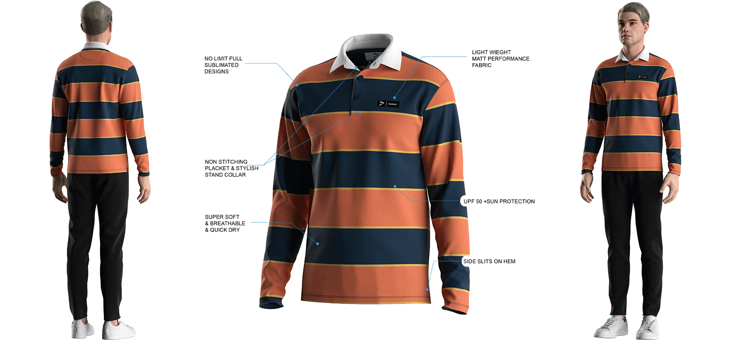 Visualization Features of 'Golf 3 Button Long Sleeve Polo White Collar Shirts Orange Striped Tees'