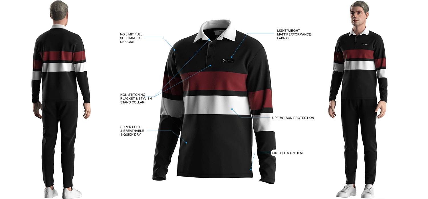 Visualization Features of 'Golf Black Polo Button Up White Collar Long Sleeve Retro Striped T'