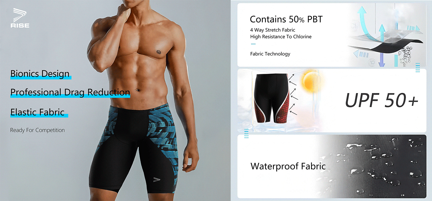 Bionics Design, Professional Drag Reduction, Elastic Fabric - Ready For Competition. Contains 50% PBT: 4 Way Stretch Fabric, High Resistance To Chlorine - Fabric Technology. UPF 50+. Waterproof Fabric.