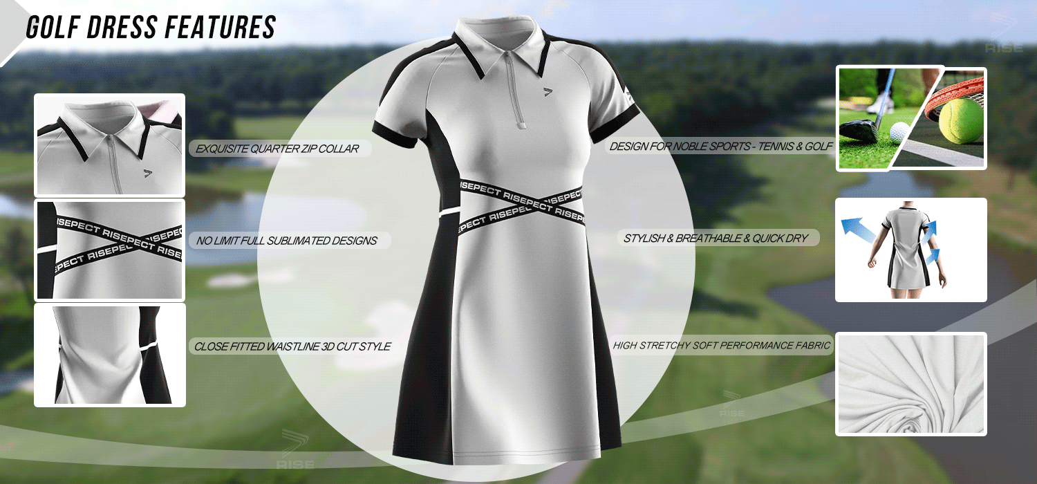 Exquisite quarter zip collar; no limit full sublimated designs; close fitted waistline 3D cut style; design for noble sports-tennis and golf; stylish, breathable and quick dry; high stretchy soft performance fabric.