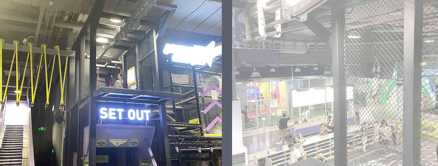 There is a ceiling zip track challenge, including a one-story-high arc-shaped flying.