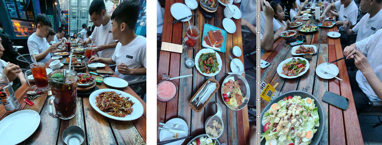 The rise team all wore customized white t-shirts for both men and women and dined in this fashionable street place, where the color scheme filled people's appetite and satisfied the eyes.