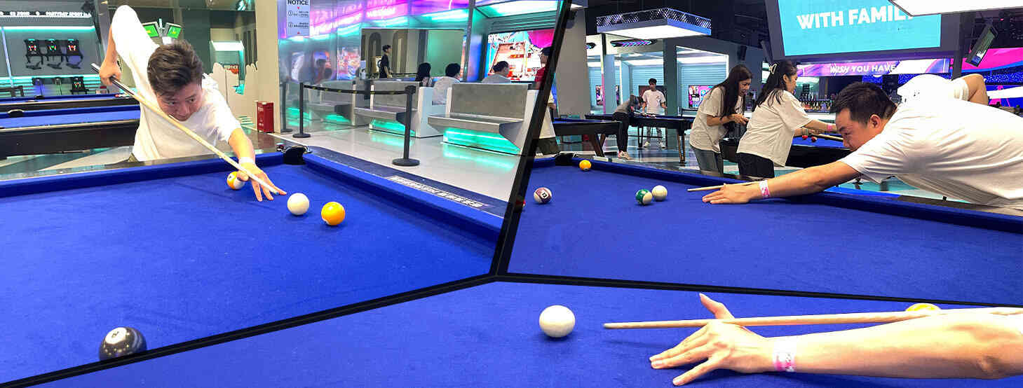 Standard gestures for playing snooker: Two plus-size rise team snooker players wearing white T-shirts are concentrating on poking the sticks.