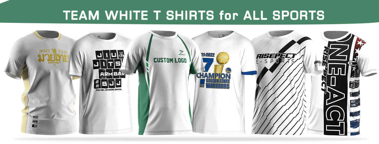 Team white tshirts for all sports: custom logo white t, jiu-jitsu, Muay Thai, basketball, racing, and e-sports.