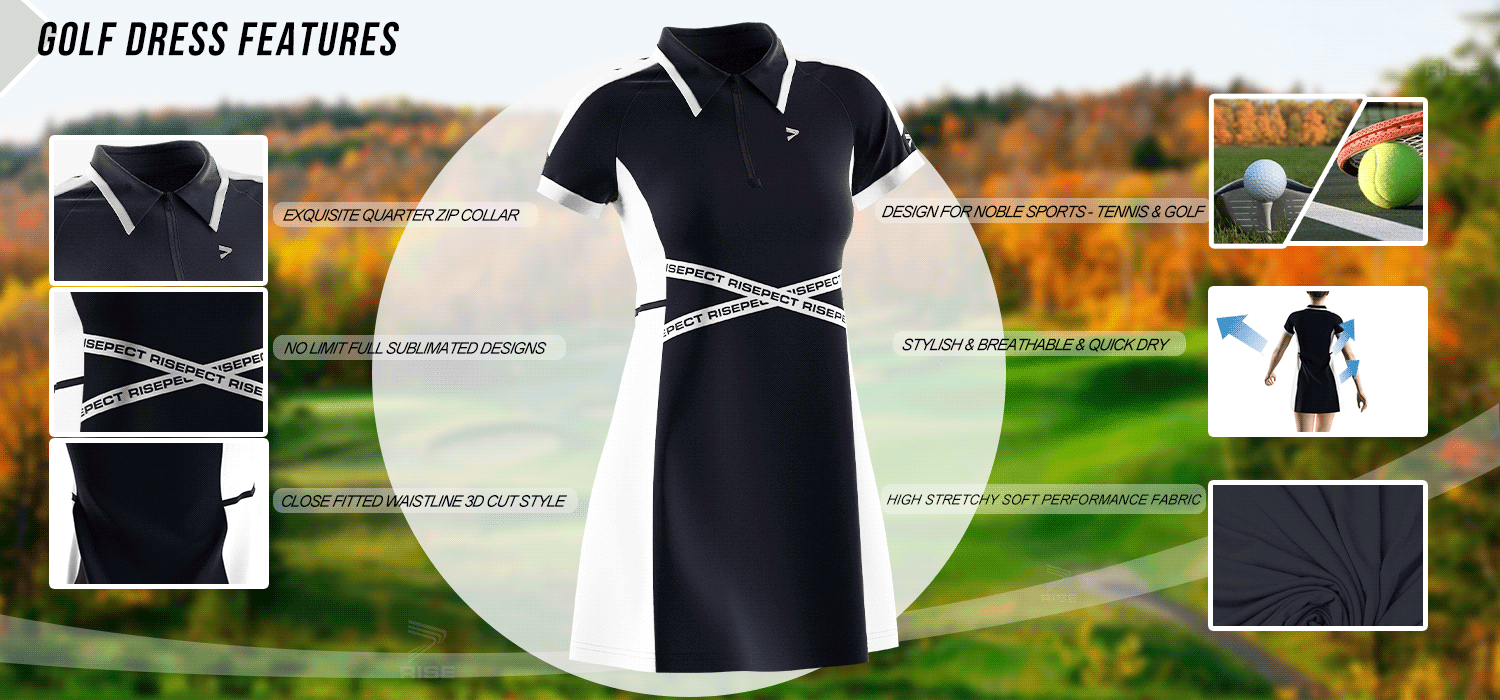 Exquisite quarter zip collar; no limit full sublimated designs; close fitted waistline 3D cut style; design for noble sports-tennis and golf; stylish, breathable and quick dry; high stretchy soft performance fabric.