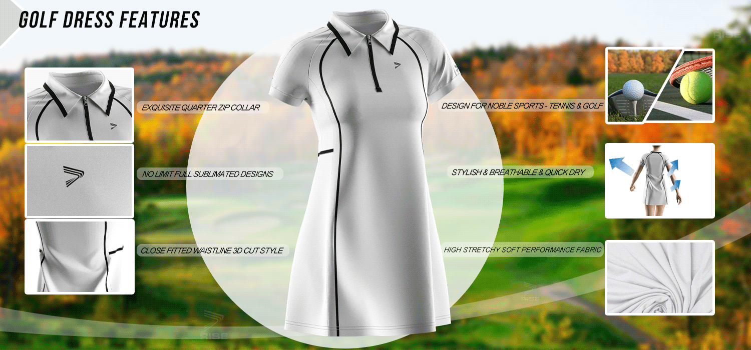 Exquisite quarter zip collar; no limit full sublimated designs; close fitted waistline 3D cut style; design for noble sports-tennis and golf; stylish, breathable and quick dry; high stretchy soft performance fabric.