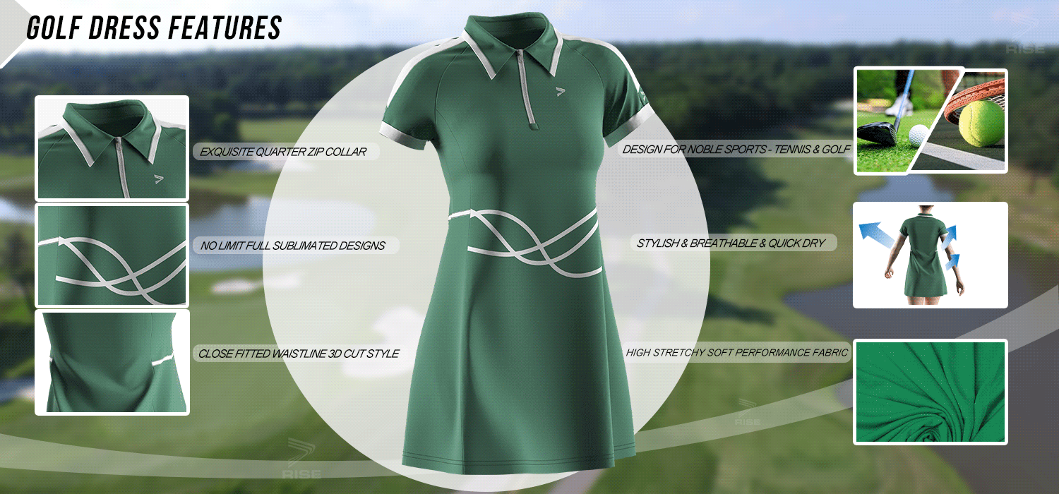 Exquisite quarter zip collar; no limit full sublimated designs; close fitted waistline 3D cut style; design for noble sports-tennis and golf; stylish, breathable and quick dry; high stretchy soft performance fabric.