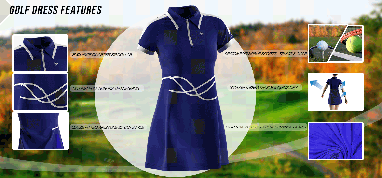 Exquisite quarter zip collar; no limit full sublimated designs; close fitted waistline 3D cut style; design for noble sports-tennis and golf; stylish, breathable and quick dry; high stretchy soft performance fabric.