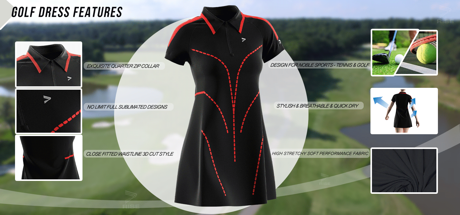 Exquisite quarter zip collar; no limit full sublimated designs; close fitted waistline 3D cut style; design for noble sports-tennis and golf; stylish, breathable and quick dry; high stretchy soft performance fabric.