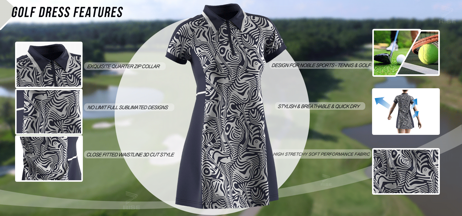 Exquisite quarter zip collar; no limit full sublimated designs; close fitted waistline 3D cut style; design for noble sports-tennis and golf; stylish, breathable and quick dry; high stretchy soft performance fabric.