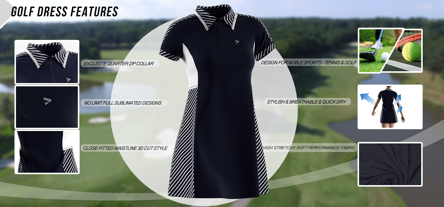 Exquisite quarter zip collar; no limit full sublimated designs; close fitted waistline 3D cut style; design for noble sports-tennis and golf; stylish, breathable and quick dry; high stretchy soft performance fabric.