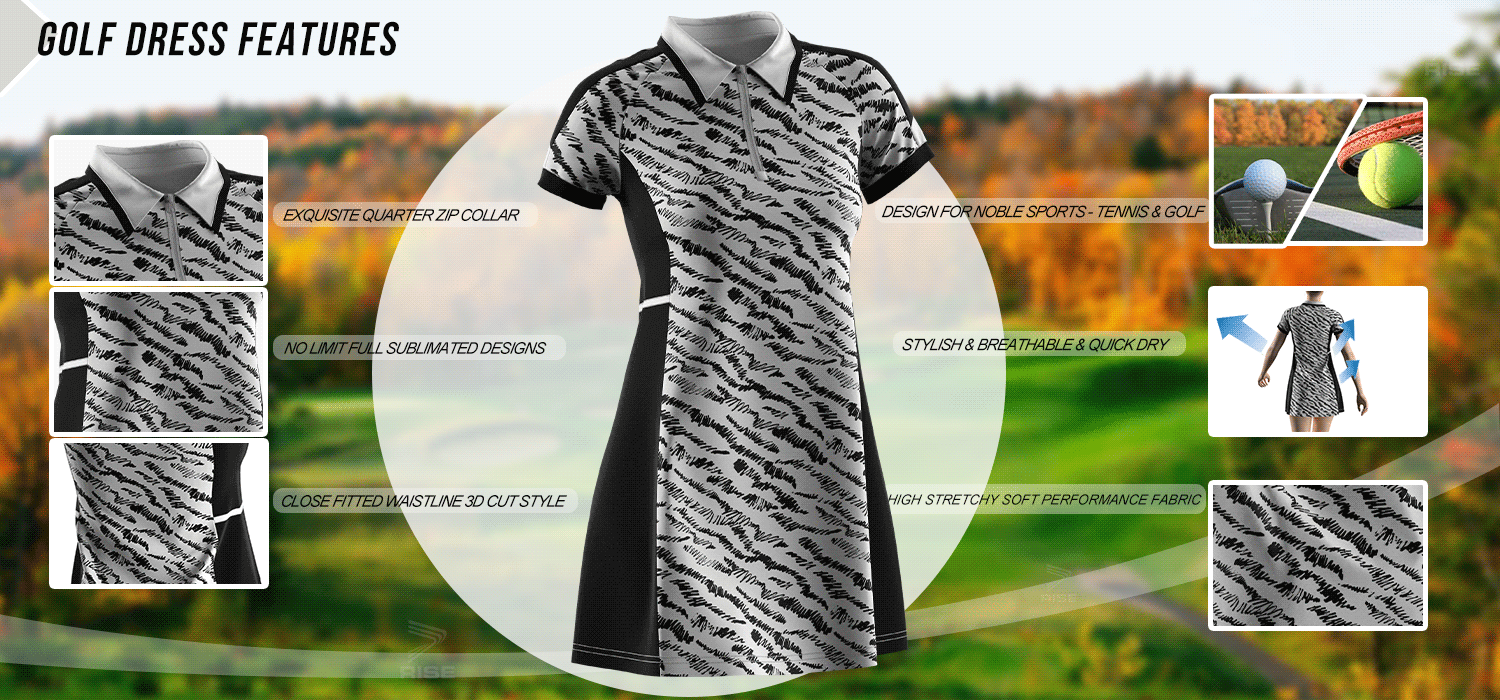 Exquisite quarter zip collar; no limit full sublimated designs; close fitted waistline 3D cut style; design for noble sports-tennis and golf; stylish, breathable and quick dry; high stretchy soft performance fabric.