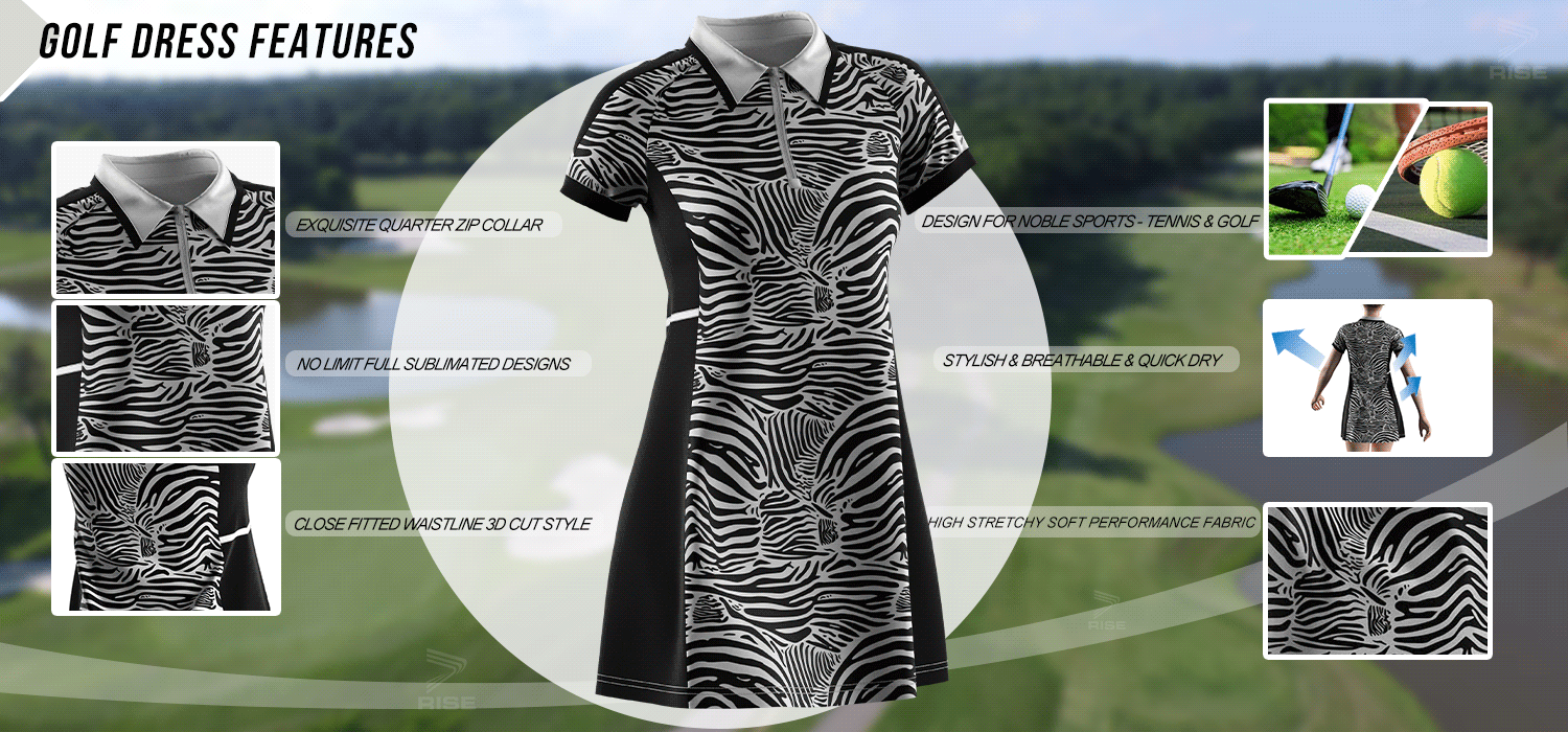 Exquisite quarter zip collar; no limit full sublimated designs; close fitted waistline 3D cut style; design for noble sports-tennis and golf; stylish, breathable and quick dry; high stretchy soft performance fabric.