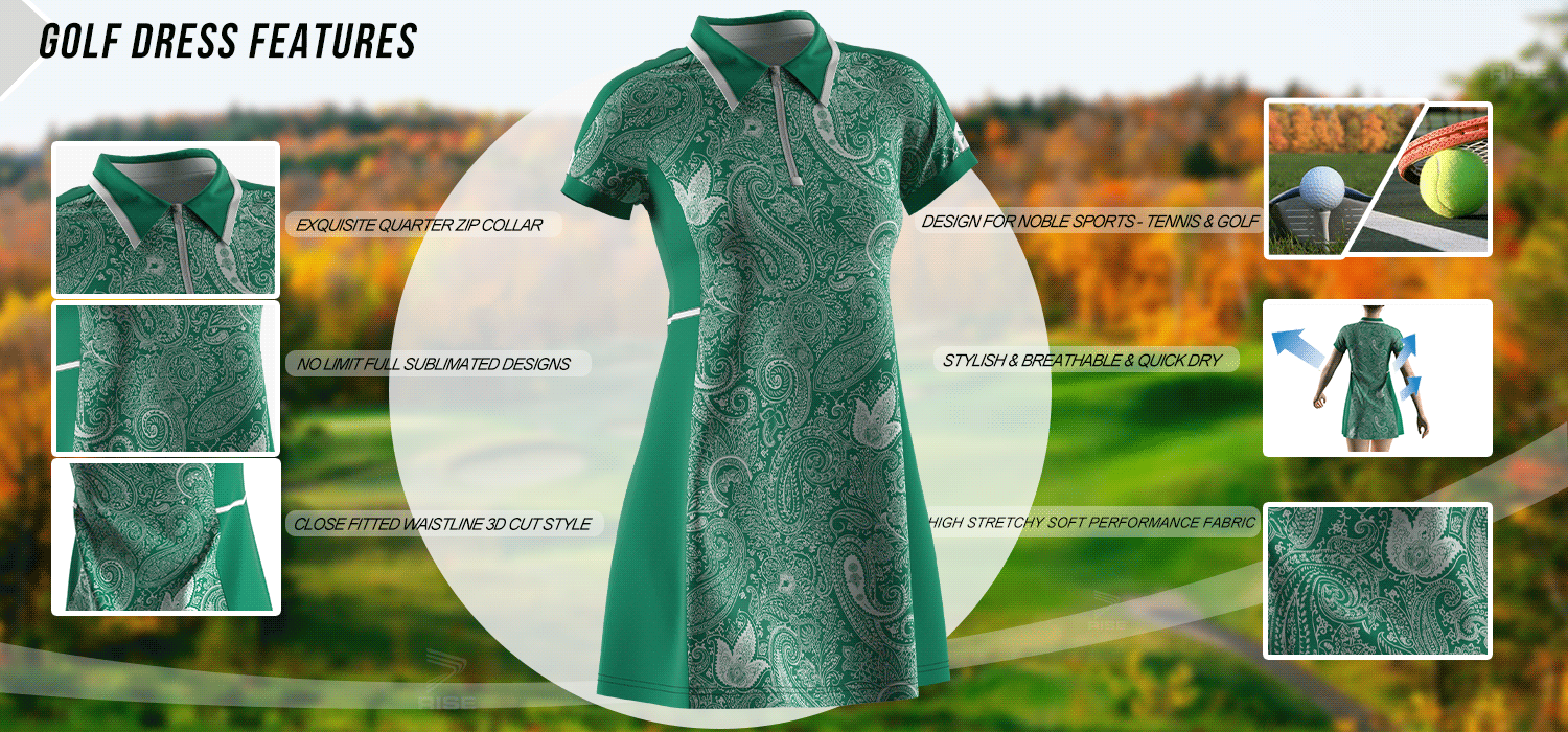 Exquisite quarter zip collar; no limit full sublimated designs; close fitted waistline 3D cut style; design for noble sports-tennis and golf; stylish, breathable and quick dry; high stretchy soft performance fabric.