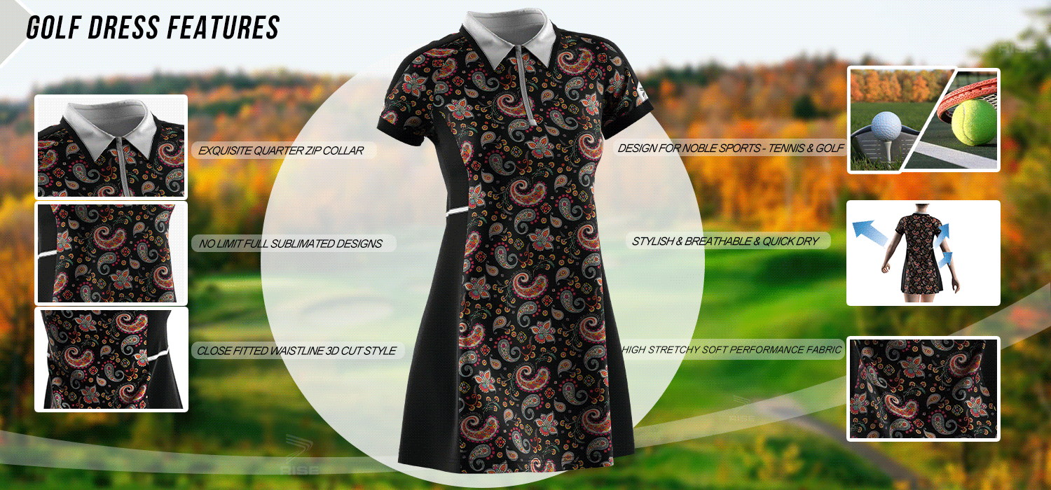 Exquisite quarter zip collar; no limit full sublimated designs; close fitted waistline 3D cut style; design for noble sports-tennis and golf; stylish, breathable and quick dry; high stretchy soft performance fabric.