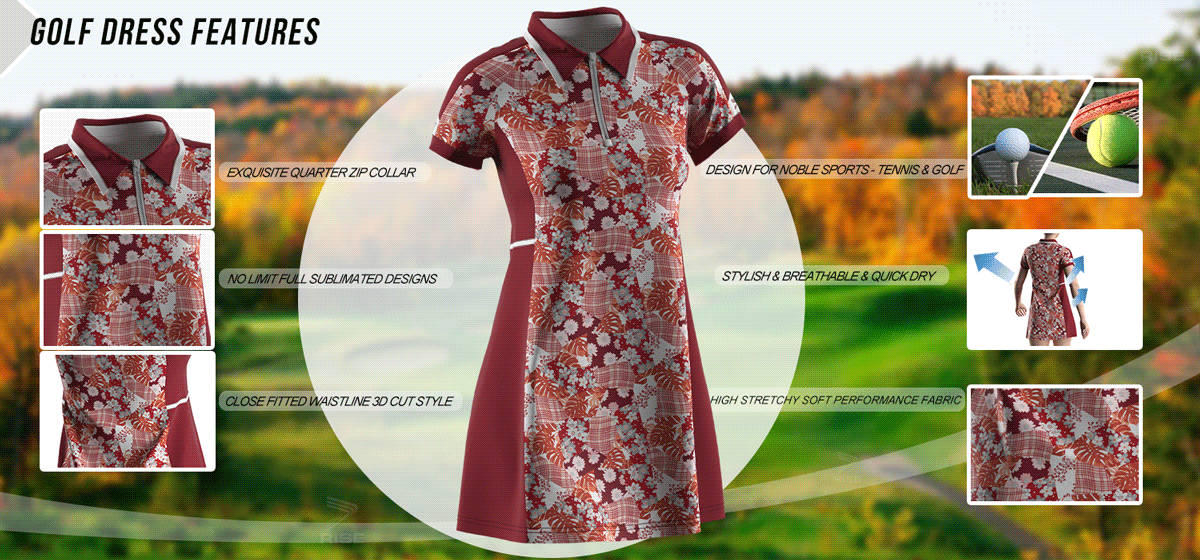 Exquisite quarter zip collar; no limit full sublimated designs; close fitted waistline 3D cut style; design for noble sports-tennis and golf; stylish, breathable and quick dry; high stretchy soft performance fabric.