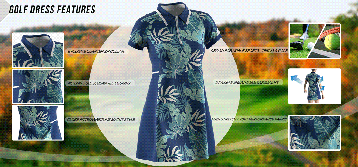 Exquisite quarter zip collar; no limit full sublimated designs; close fitted waistline 3D cut style; design for noble sports-tennis and golf; stylish, breathable and quick dry; high stretchy soft performance fabric.