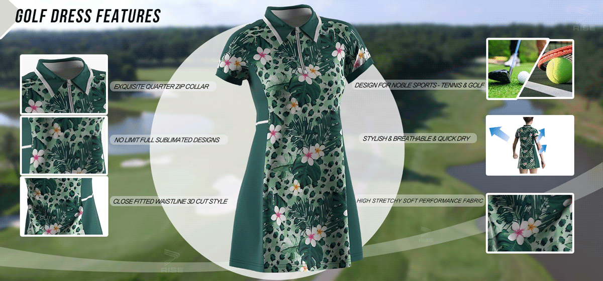 Exquisite quarter zip collar; no limit full sublimated designs; close fitted waistline 3D cut style; design for noble sports-tennis and golf; stylish, breathable and quick dry; high stretchy soft performance fabric.