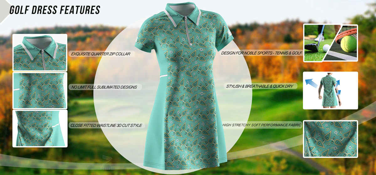 Exquisite quarter zip collar; no limit full sublimated designs; close fitted waistline 3D cut style; design for noble sports-tennis and golf; stylish, breathable and quick dry; high stretchy soft performance fabric.