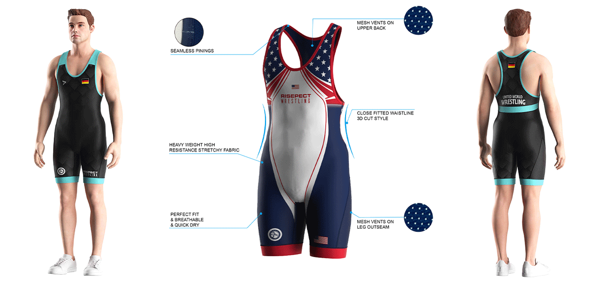 Visualization feature of Germany Triangle Lake Blue Trim Wrestling Singlet