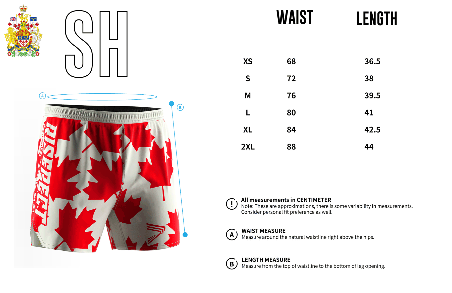 Canada Maple Leaf Jiu-jitsu MMA Shorts's Sizes Chart
