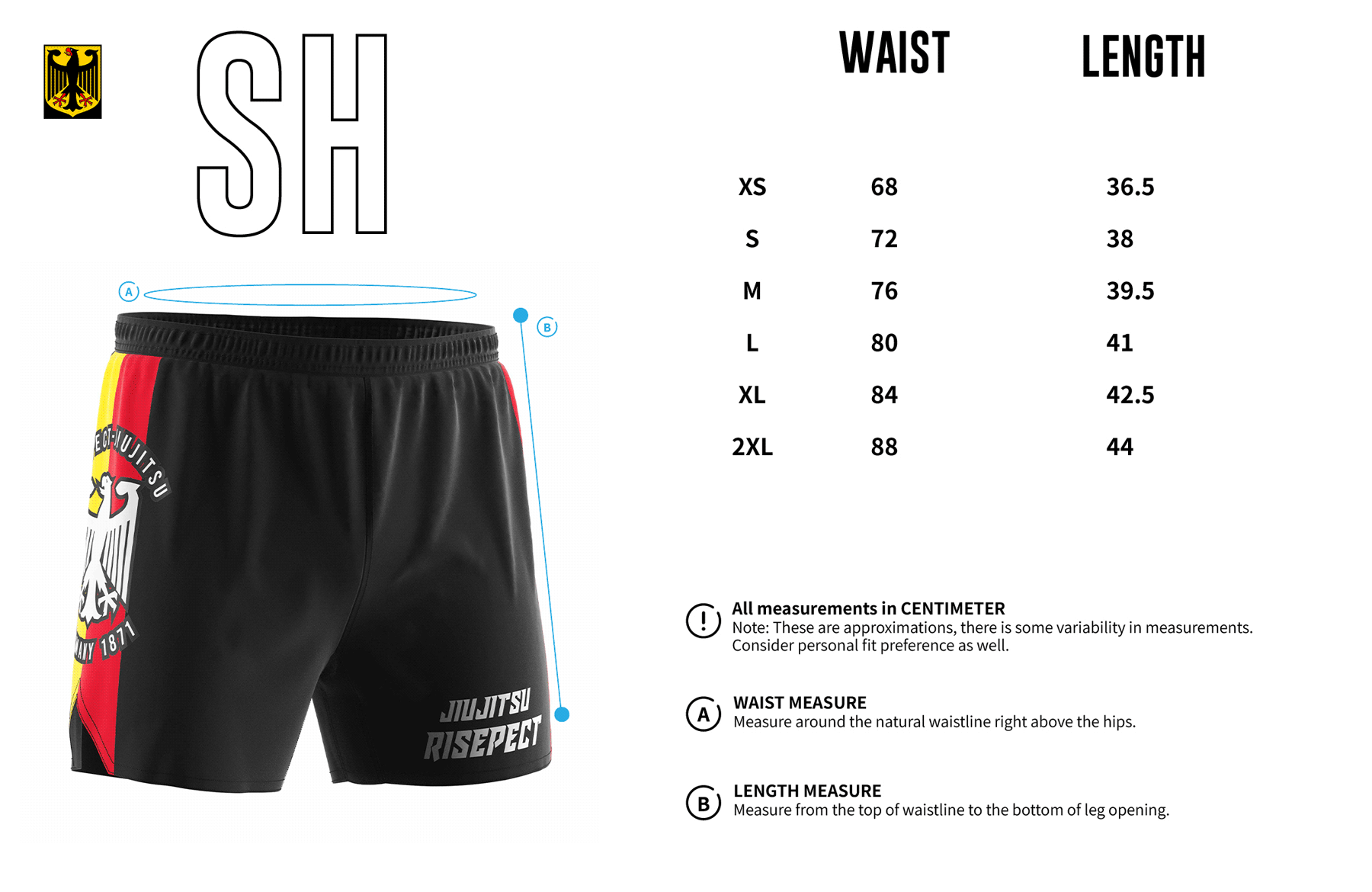 Germany Black BJJ Shorts' Sizes Chart