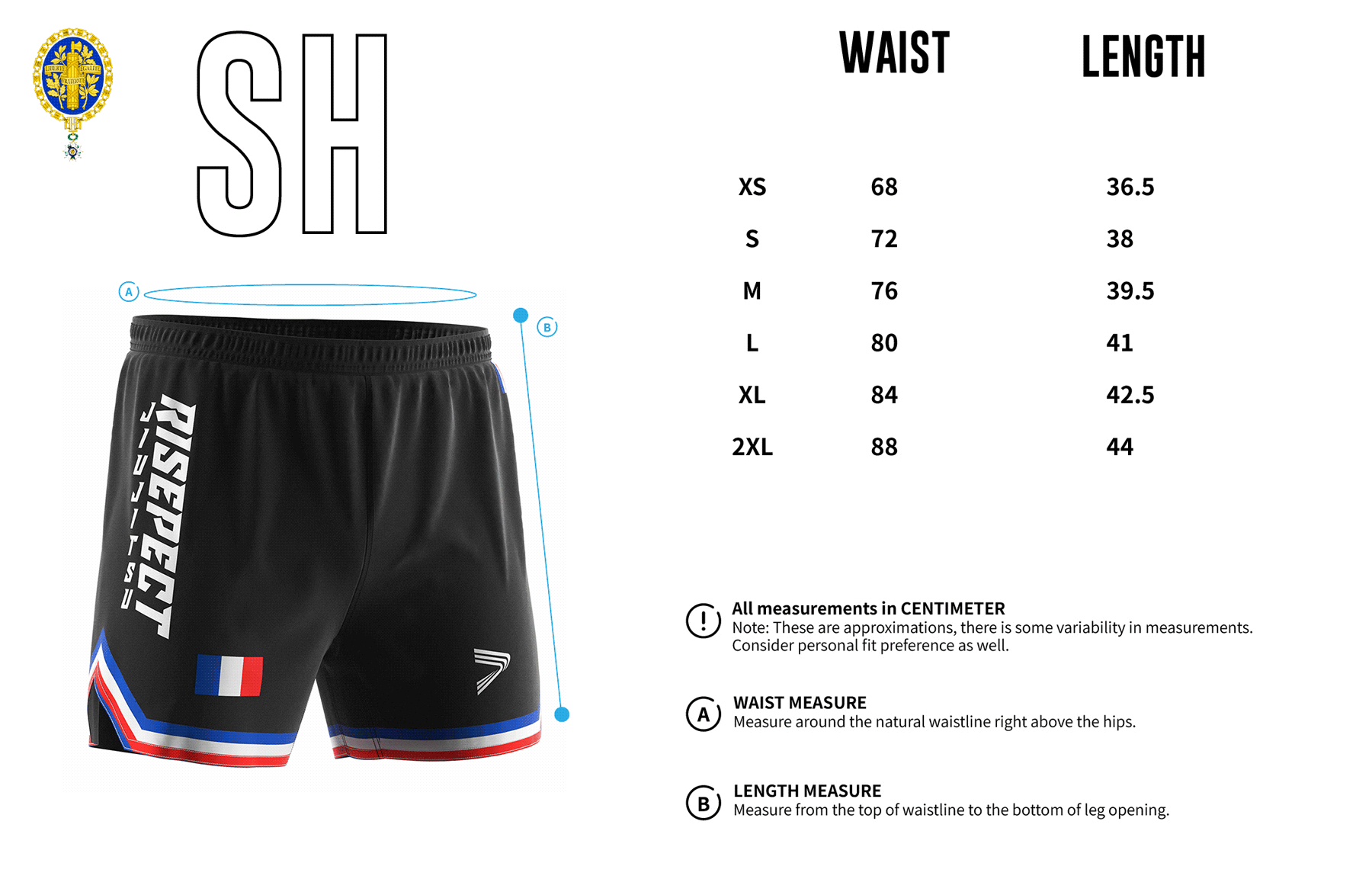 France BJJ MMA Shorts' sizes chart - Rise Sportswear design