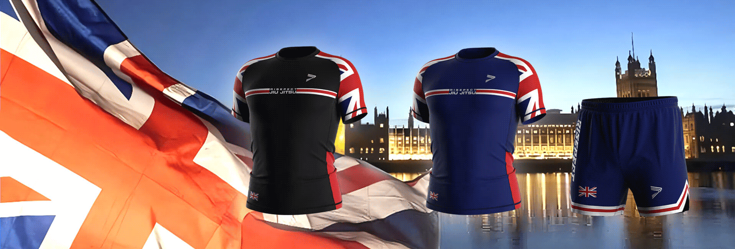 United Kingdom BJJ MMA Gear Sets - black rash guard, blue rash guard and blue BJJ MMA shorts