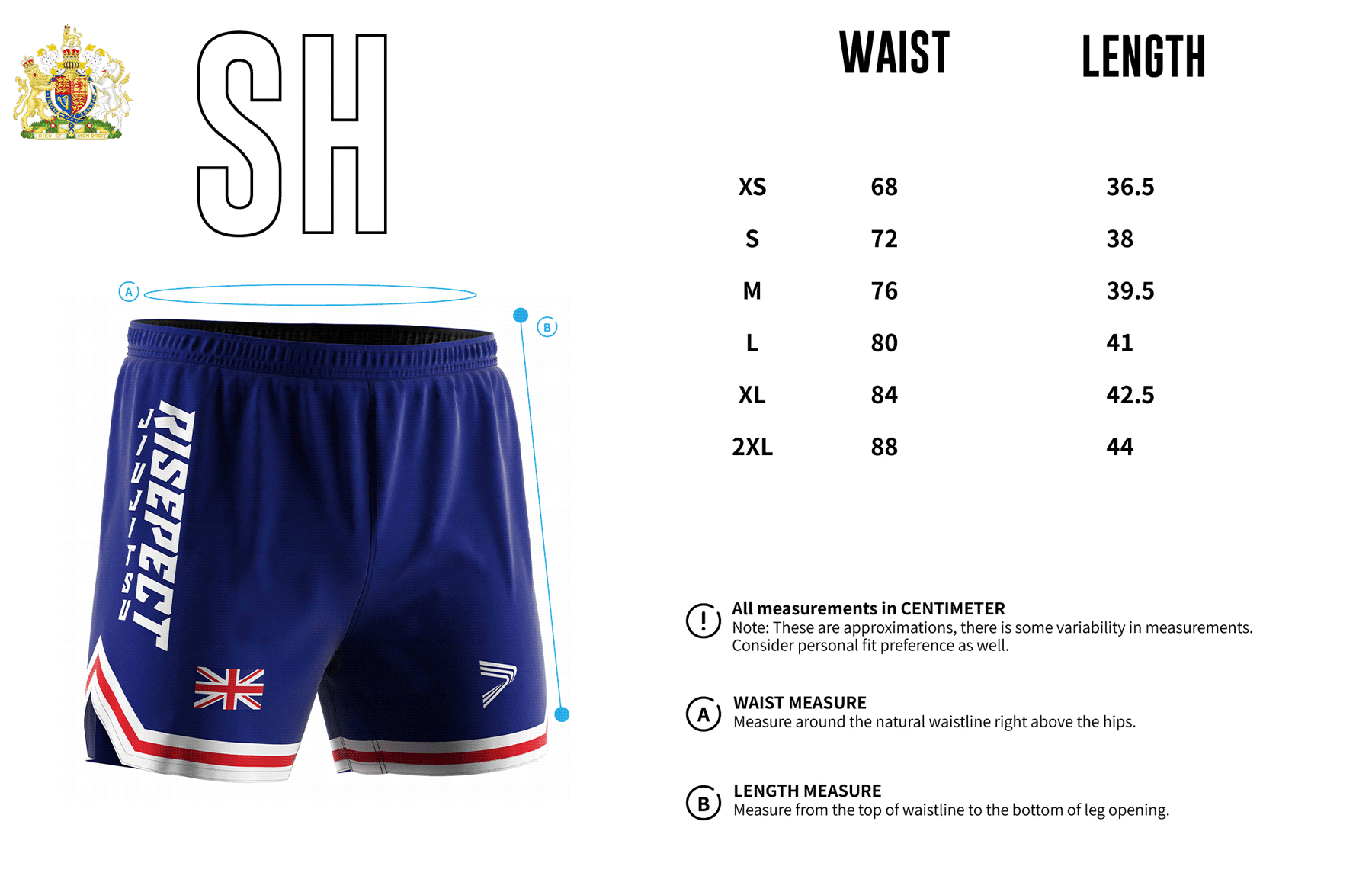 UK Blue Jiu-jitsu Shorts' sizes chart - Rise Sportswear design