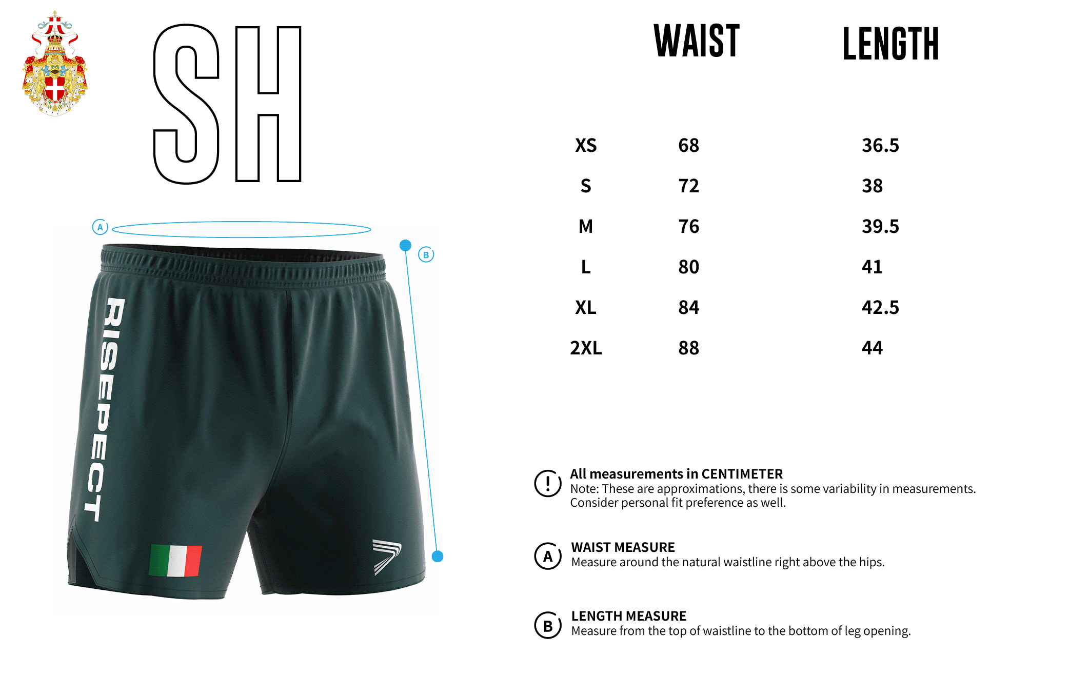 Italy Green MMA BJJ Shorts' sizes chart