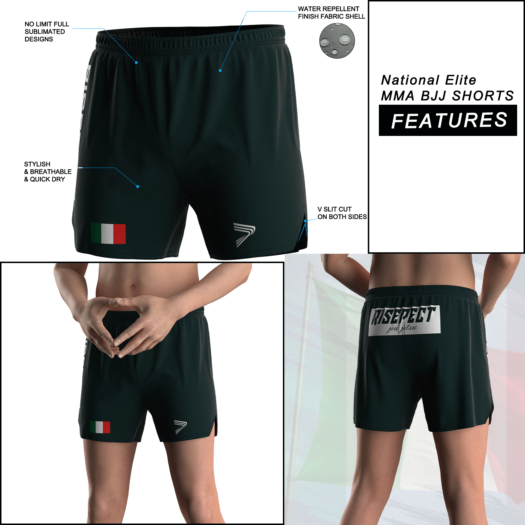 Details features of Italy Green MMA BJJ Shorts