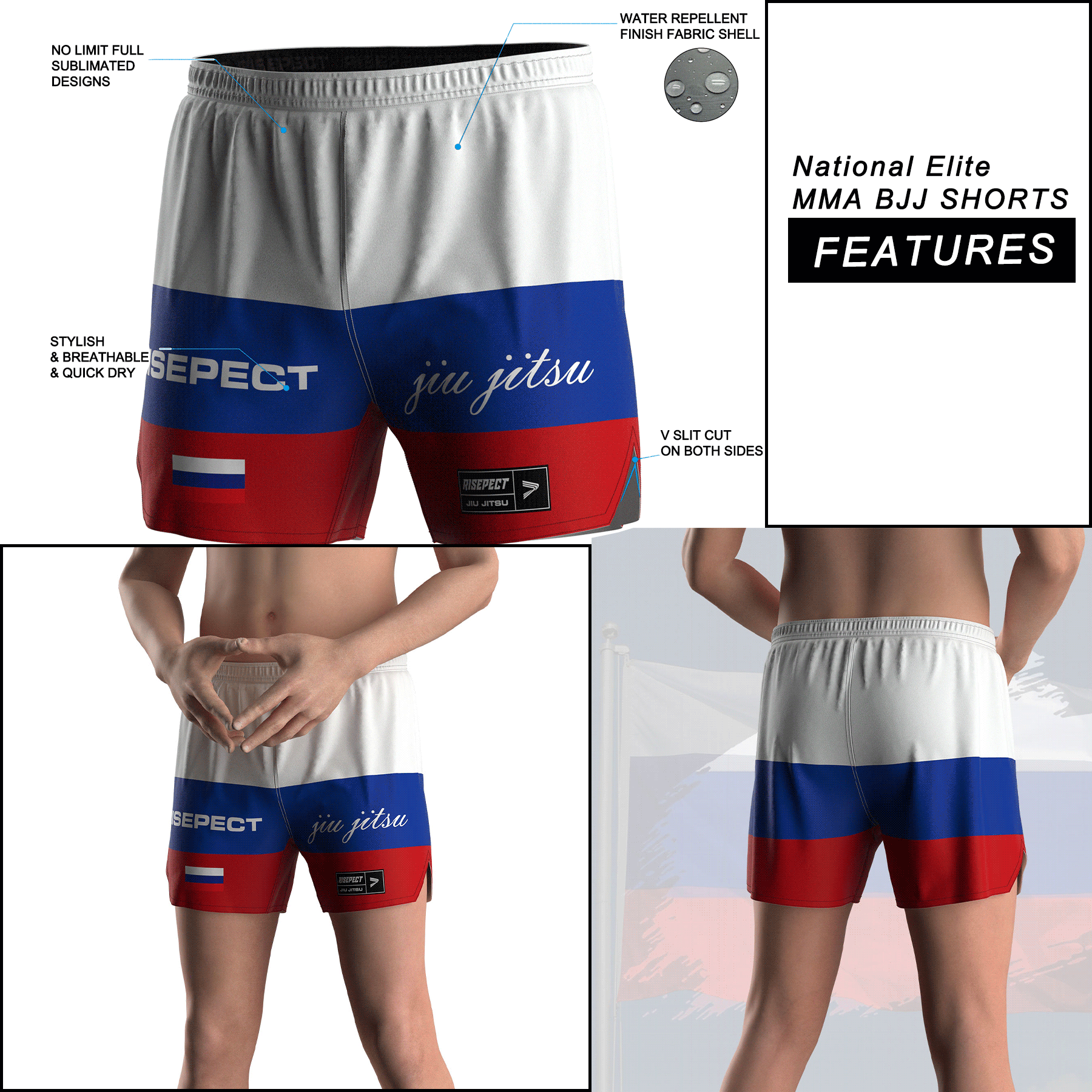 Russia Stripe Jiu-jitsu Shorts' details features